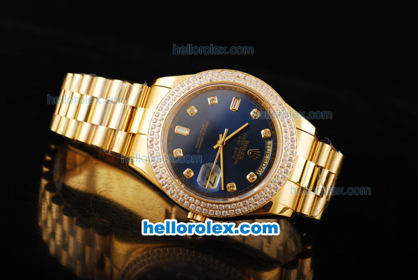 Rolex Day-Date II Automatic Movement Full Gold with Double Row Diamond Bezel-Blue Dial and Diamond Markers - Click Image to Close